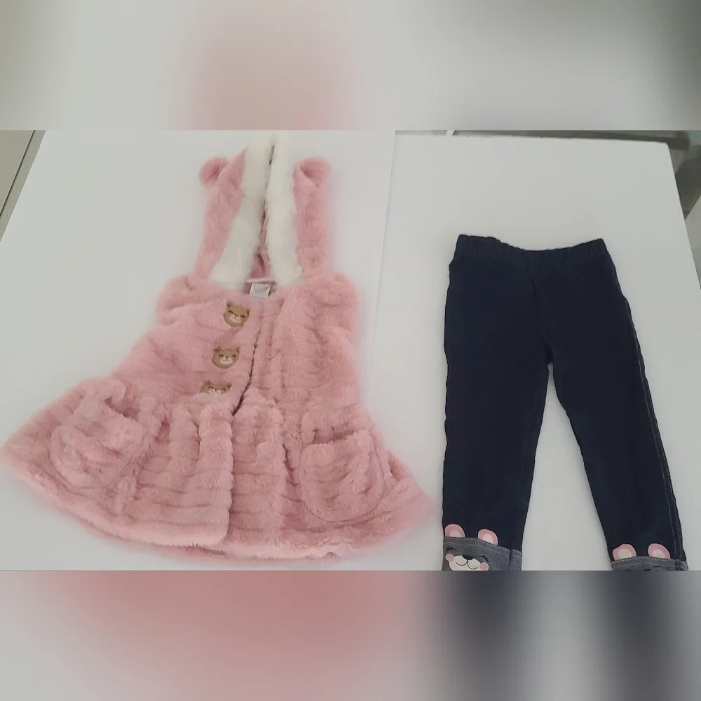 Girl Little Lass Kids Pink Bear Vest Hoodie and Pant Set Size Toddler 2T - Picture 3 of 10